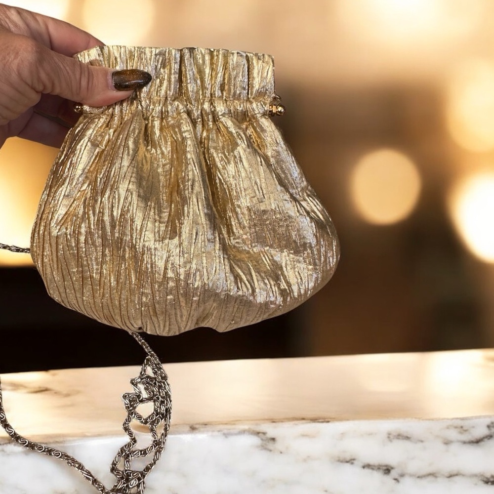 Vintage Vanessa gold lame evening bag purse cocktail shoulder chain strap 1970